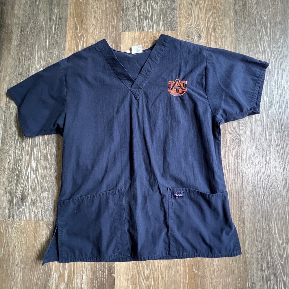 Auburn Tigers Scrub Top Unisex XS Navy Blue Embroidered Logo V-Neck Pockets